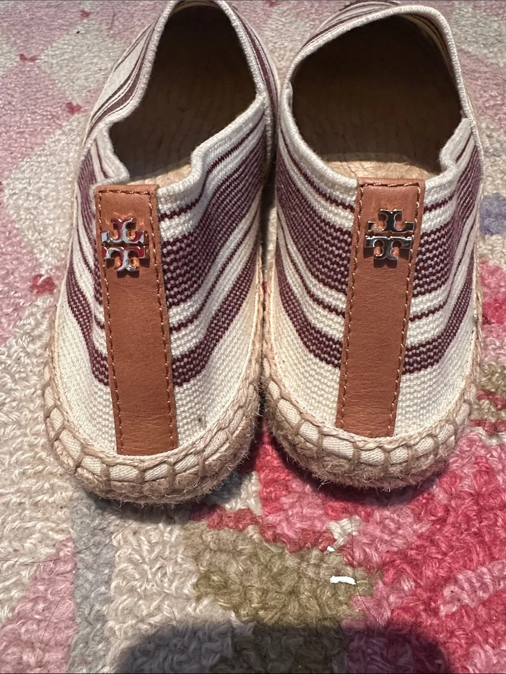 Tory Burch Cream Canvas Espadrille with Burgundy Stripes